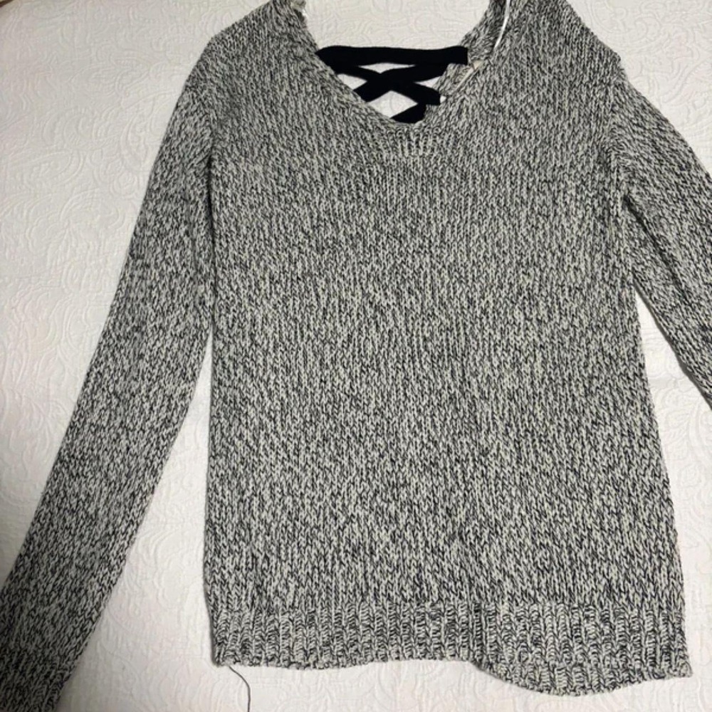 Marled Knit Lace Up Back V-Neck Sweater Black White Long Sleeve Top